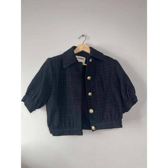 NEW L'agence Cove Cropped Cotton Tweed Checked Puffed Sleeve Jacket Black Size 0 - Picture 2 of 7